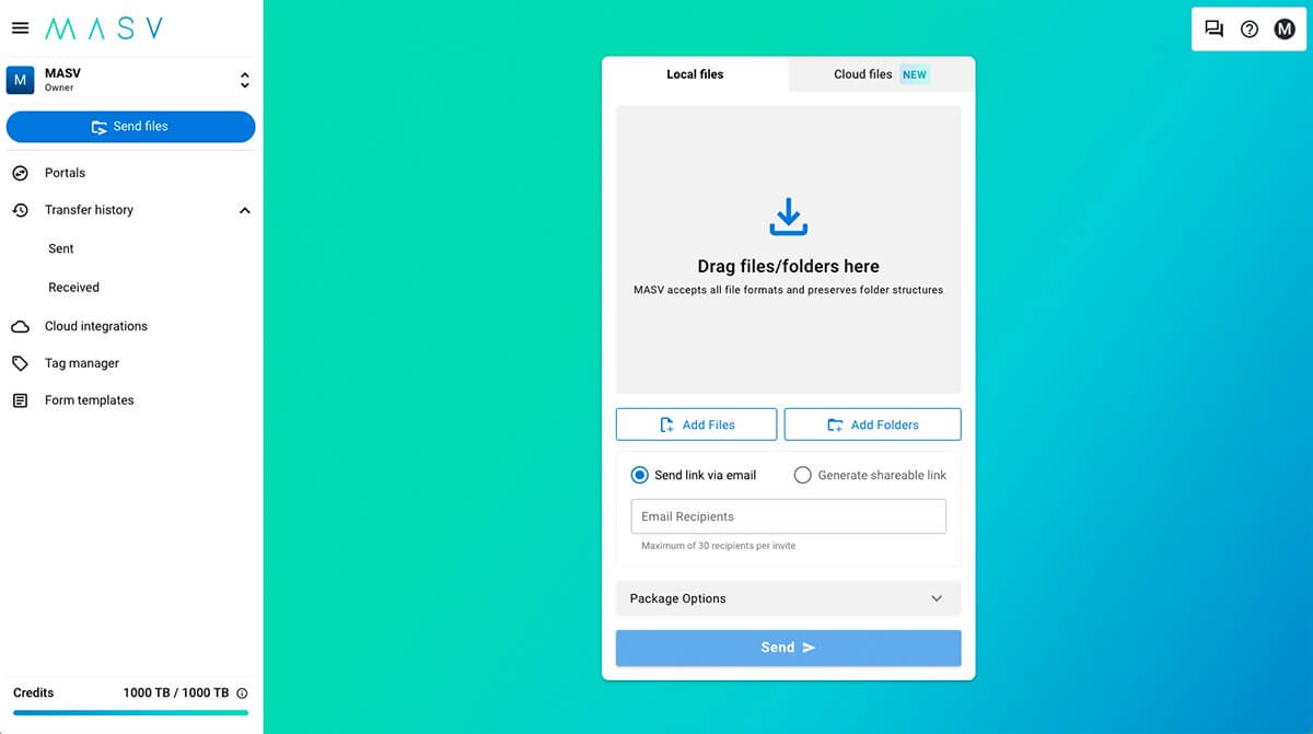 masv-app-homepage-upload MASV browser upload form and sidebar