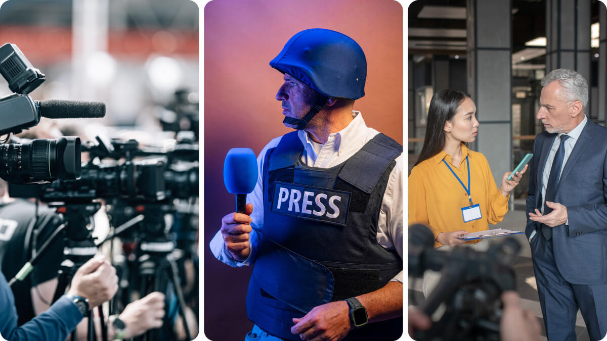 News organization thumbnail featuring press, reporter, and interviews.