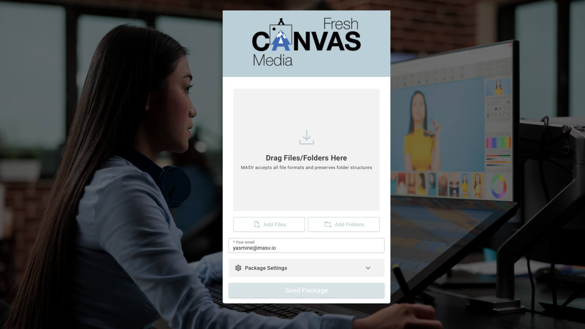 Creative agency workflow optimization with MASV for high-performance large file transfers. Woman using media file transfer tool.