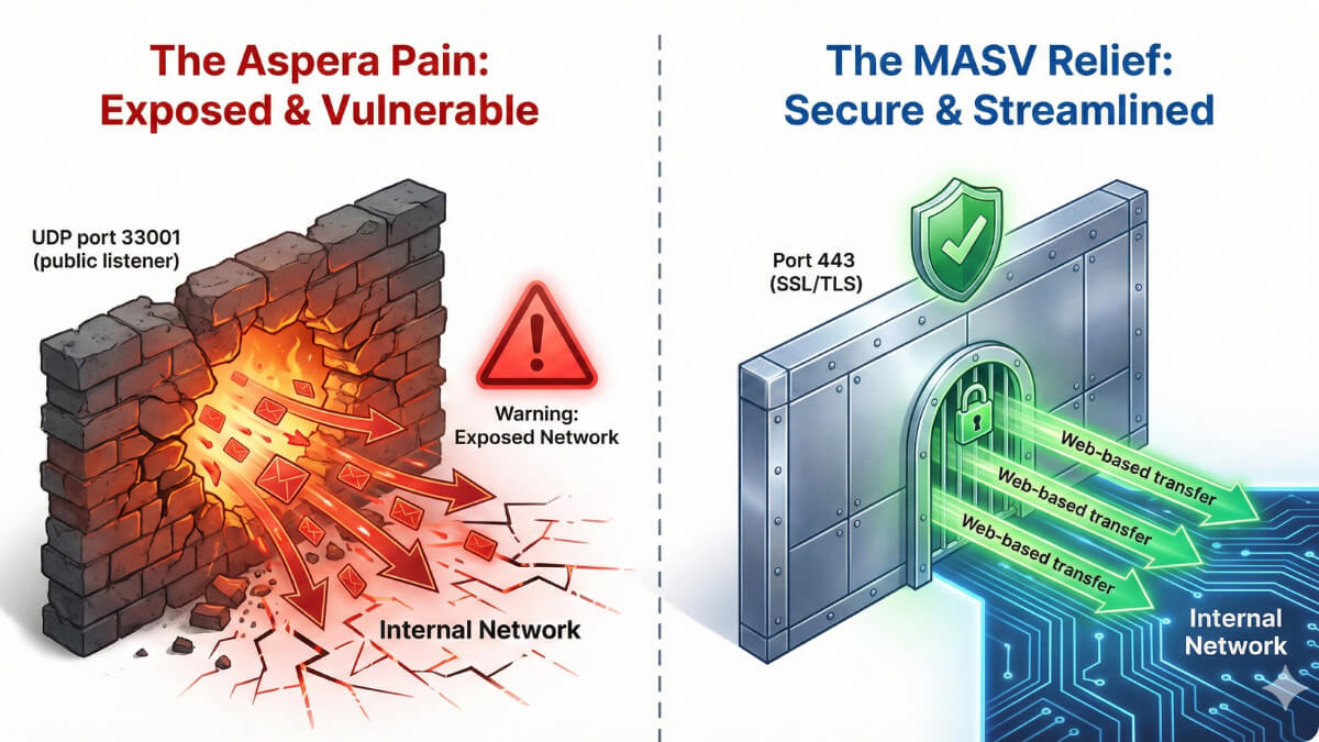 Web-based file transfer vs UDP: illustrating secure MASV web transfer and vulnerable Aspera UDP file transfer.