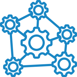 Connected gears icon. Blue outline of linked cogs representing complex workflows and processes.
