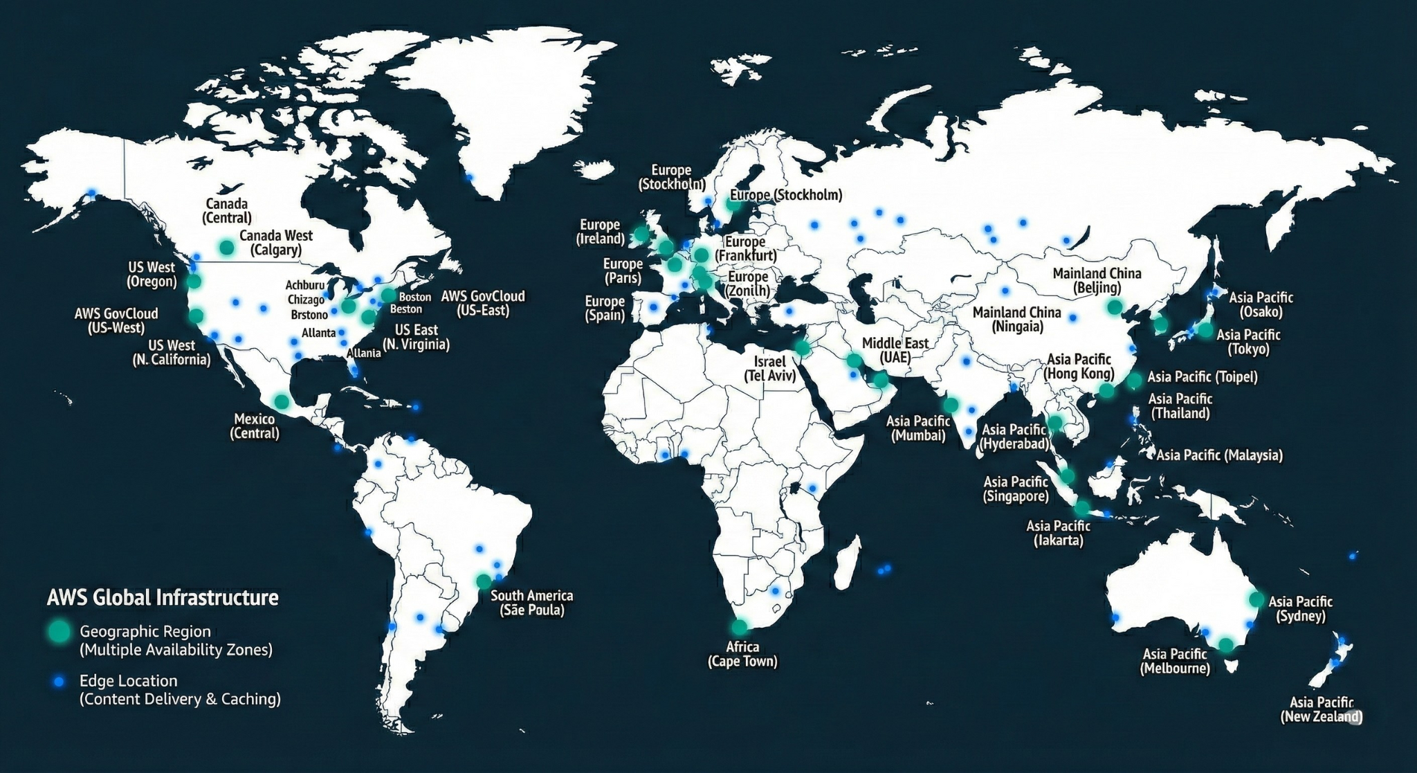 Global accelerated network map showing AWS global infrastructure, regions, and edge locations for content delivery and caching.