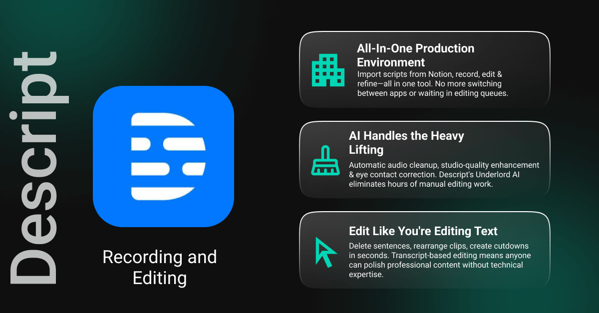 Descript AI media production tool: all-in-one environment for recording, editing, and refining audio and video content workflows.