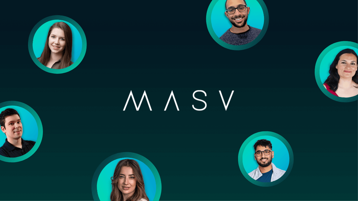 MASV team. Remote work culture, diverse faces in circles around MASV logo. Video transfer software.
