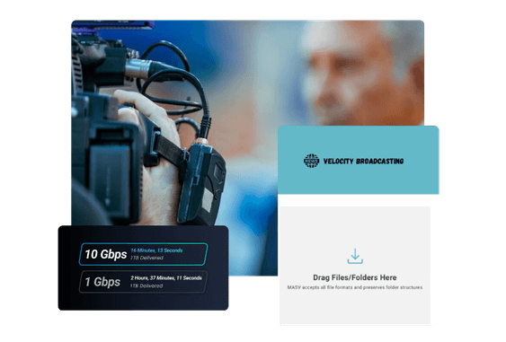 MASV for news industry: Fast media file transfer. Camera, upload interface, and Velocity Broadcasting logo highlight speed.