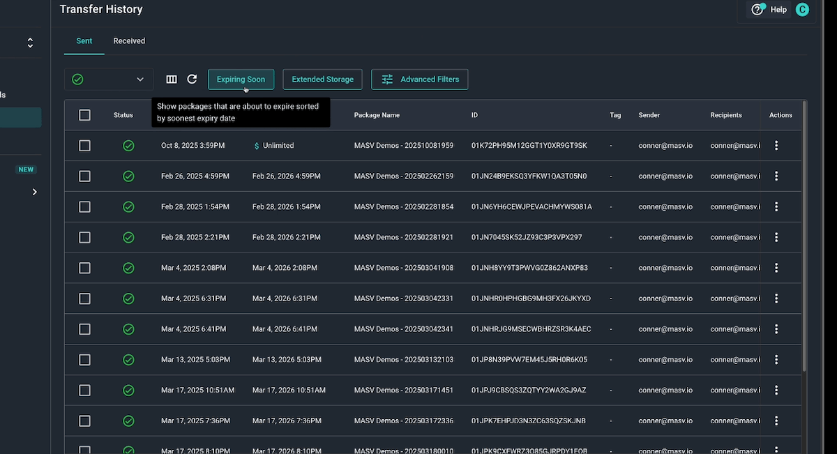 MASV Transfer History: Expiring Soon Packages. Dynamic package routing and S3 access details.