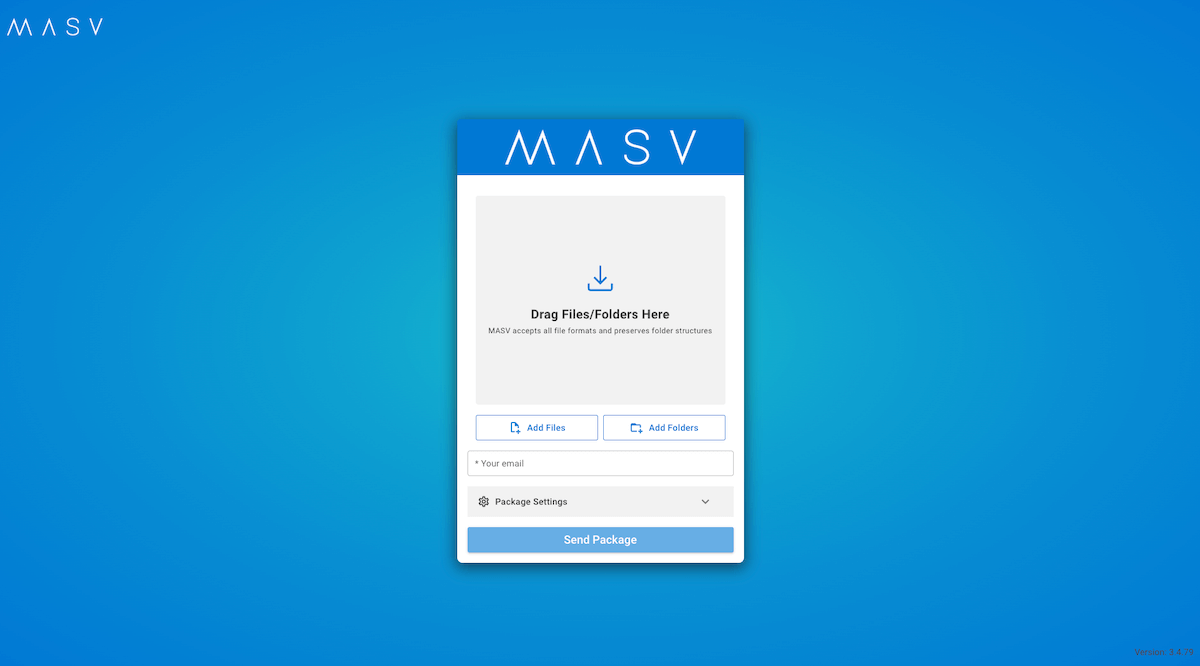 MASV file transfer portal. Drag files/folders, add files, add folders, package settings, send package. Special Operations Studios.